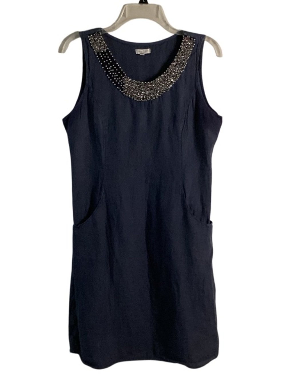 Lina Tomei Embellished Navy Sleeveless Linen Shift Dress Medium